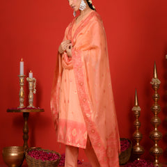 (Vaasva) Women Peachy Orange woven jamdani suit set  (Set of 5 Pc)