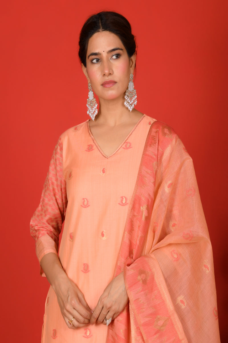 (Vaasva) Women Peachy Orange woven jamdani suit set  (Set of 5 Pc)
