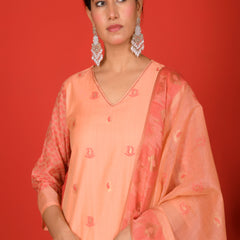 (Vaasva) Women Peachy Orange woven jamdani suit set  (Set of 5 Pc)