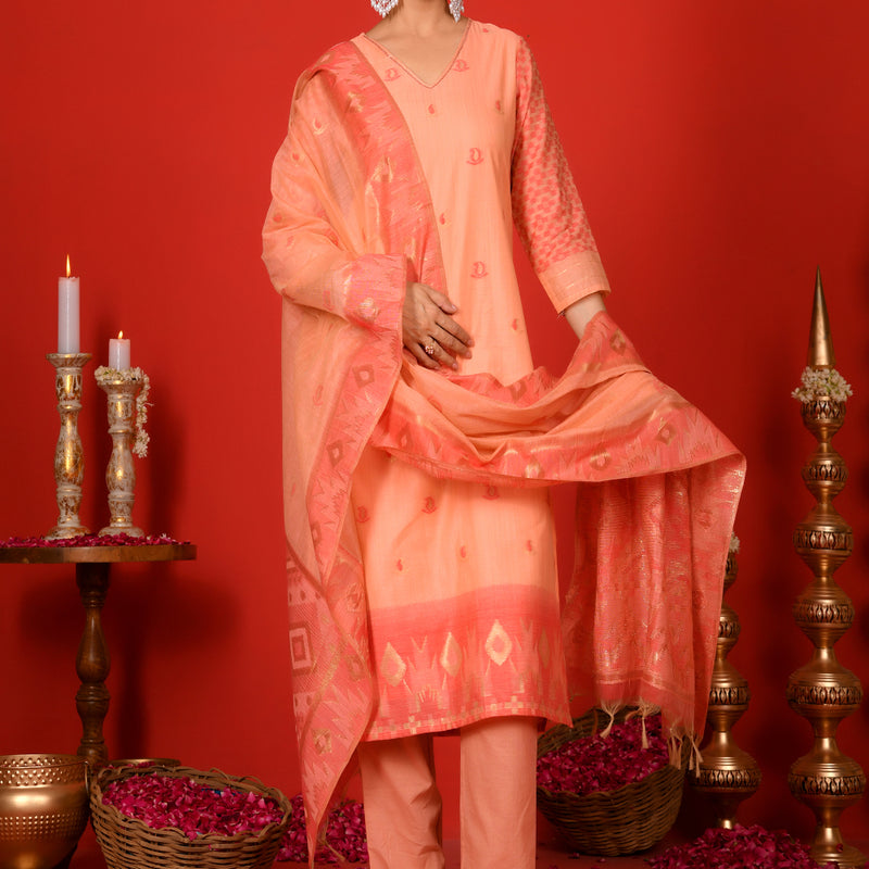 (Vaasva) Women Peachy Orange woven jamdani suit set  (Set of 5 Pc)