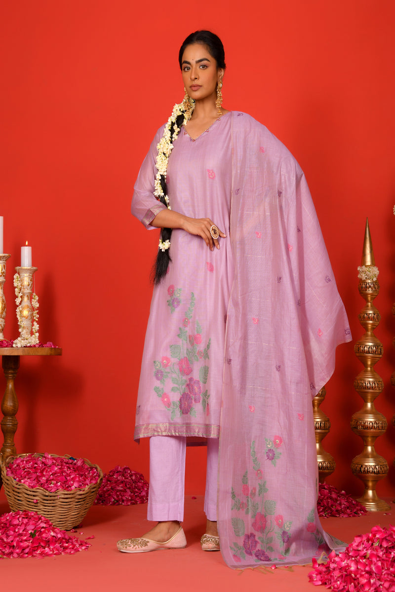 (Vaasva) Women Lilac placemnt floral woven jamdani suit set  (Set of 5 Pc)