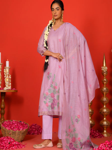 (Vaasva) Women Lilac placemnt floral woven jamdani suit set  (Set of 5 Pc)