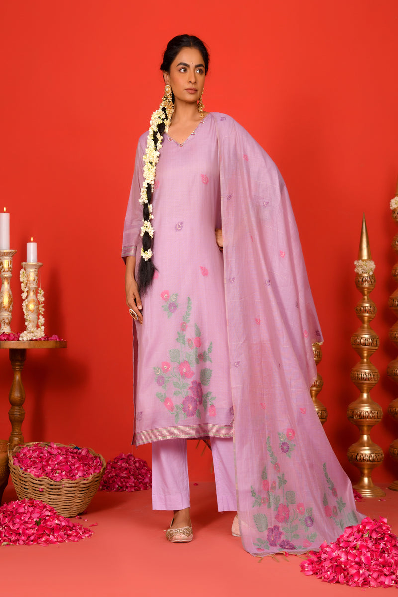 (Vaasva) Women Lilac placemnt floral woven jamdani suit set  (Set of 5 Pc)