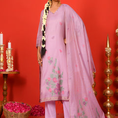 (Vaasva) Women Lilac placemnt floral woven jamdani suit set  (Set of 5 Pc)