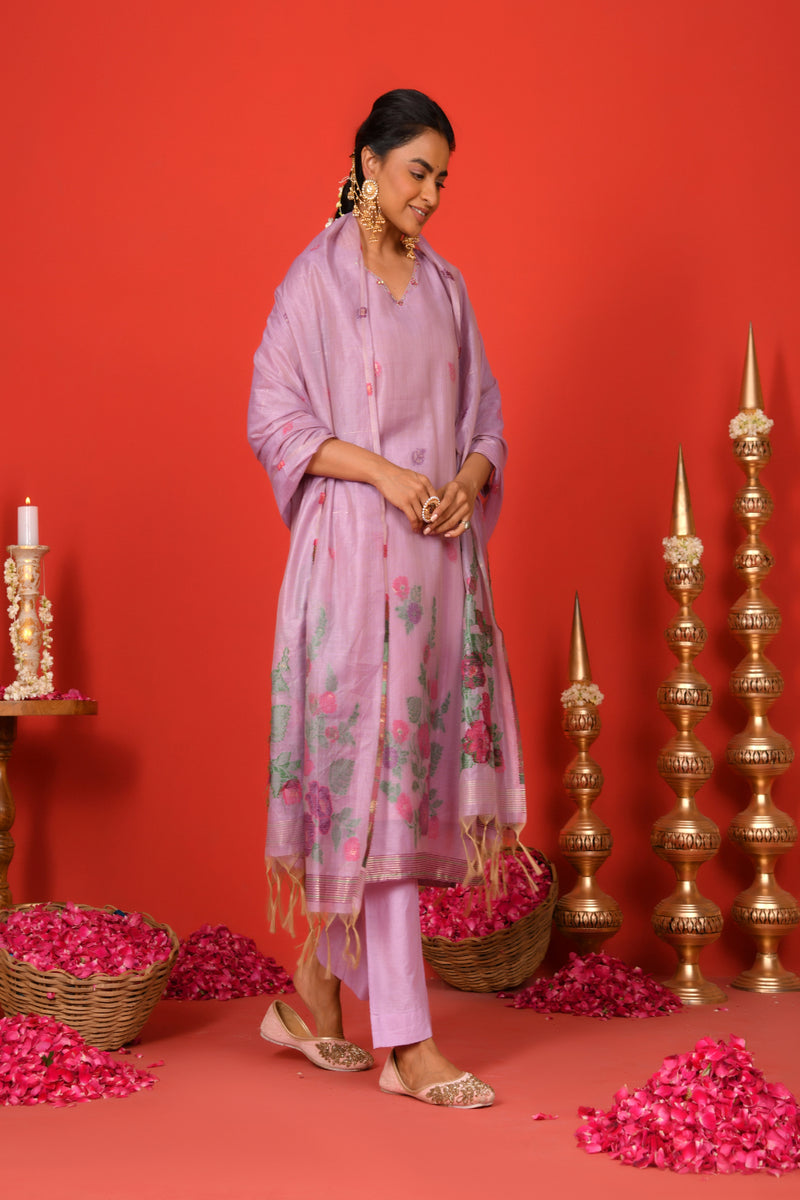 (Vaasva) Women Lilac placemnt floral woven jamdani suit set  (Set of 5 Pc)