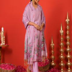 (Vaasva) Women Lilac placemnt floral woven jamdani suit set  (Set of 5 Pc)