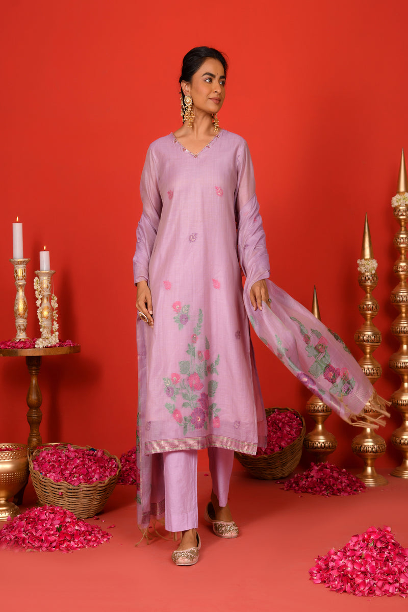 (Vaasva) Women Lilac placemnt floral woven jamdani suit set  (Set of 5 Pc)