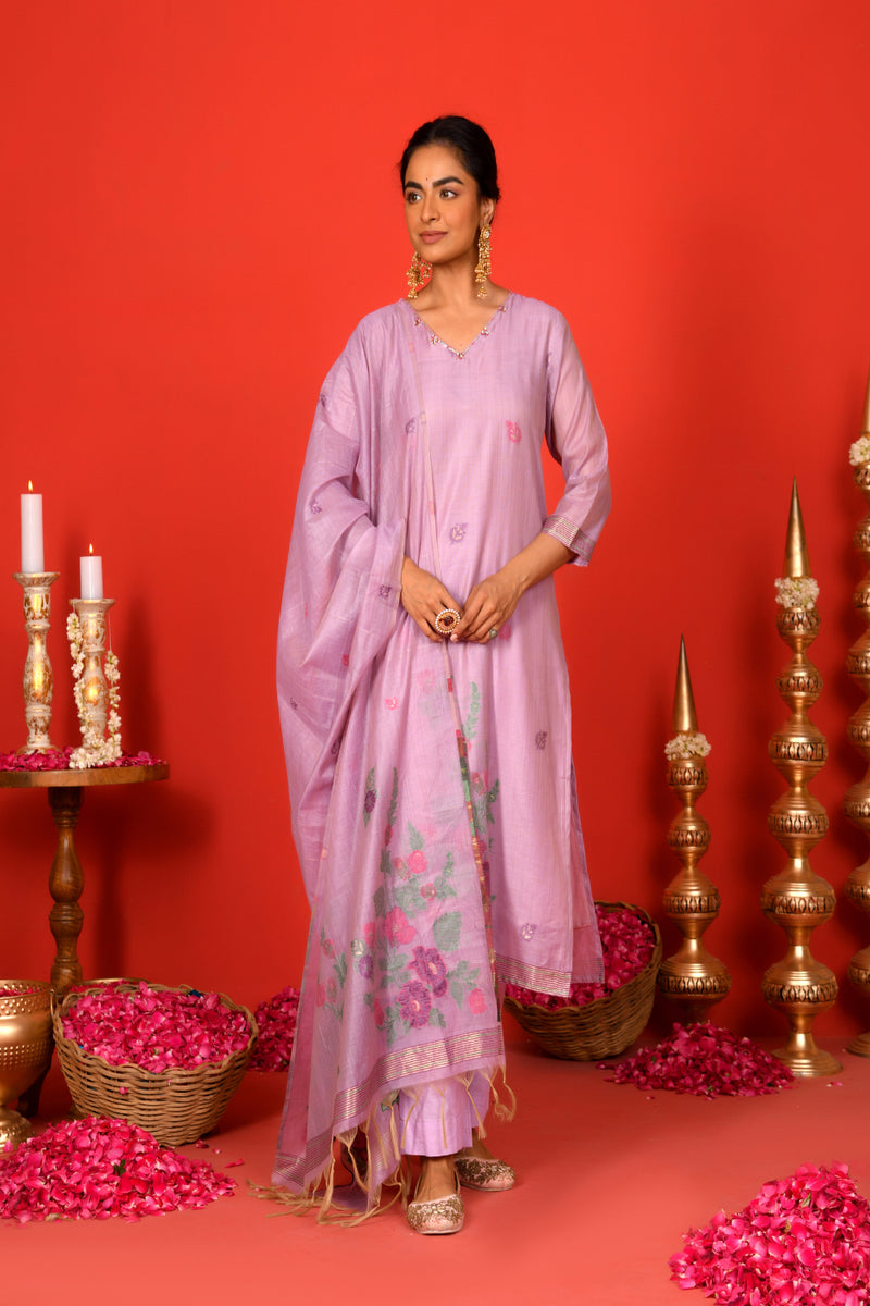 (Vaasva) Women Lilac placemnt floral woven jamdani suit set  (Set of 5 Pc)