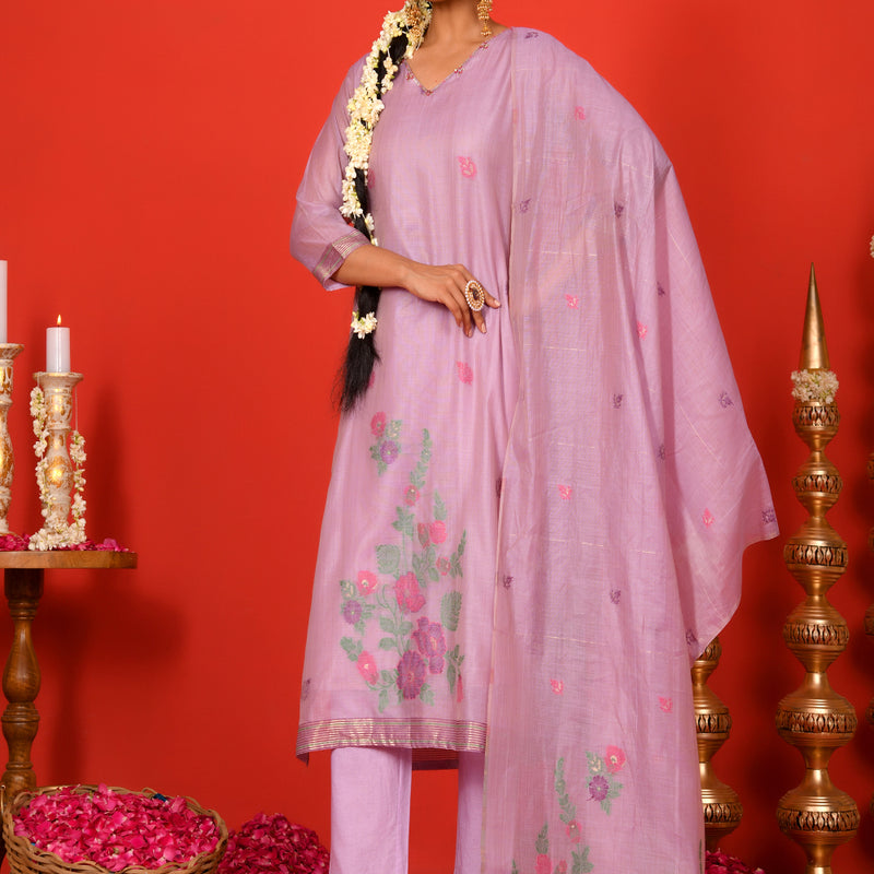 (Vaasva) Women Lilac placemnt floral woven jamdani suit set  (Set of 5 Pc)
