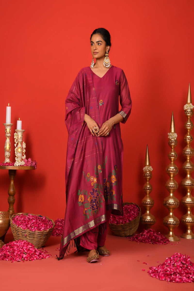 (Vaasva) Women Burgandy golden floral jamdani woven suit set  (Set of 5 Pc)