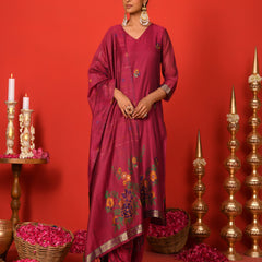 (Vaasva) Women Burgandy golden floral jamdani woven suit set  (Set of 5 Pc)