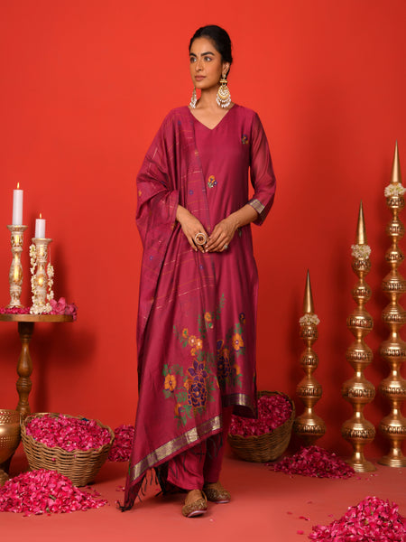 (Vaasva) Women Burgandy golden floral jamdani woven suit set  (Set of 5 Pc)