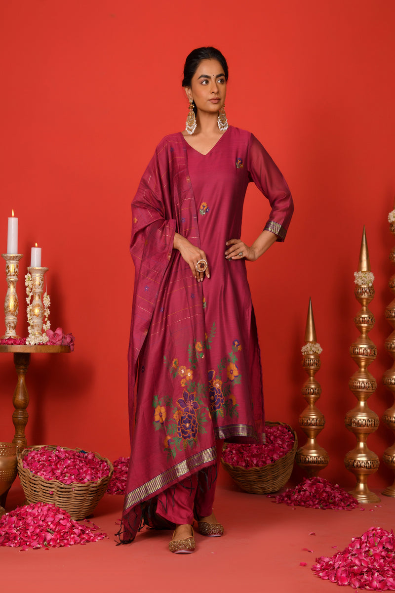(Vaasva) Women Burgandy golden floral jamdani woven suit set  (Set of 5 Pc)