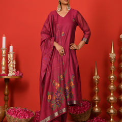 (Vaasva) Women Burgandy golden floral jamdani woven suit set  (Set of 5 Pc)
