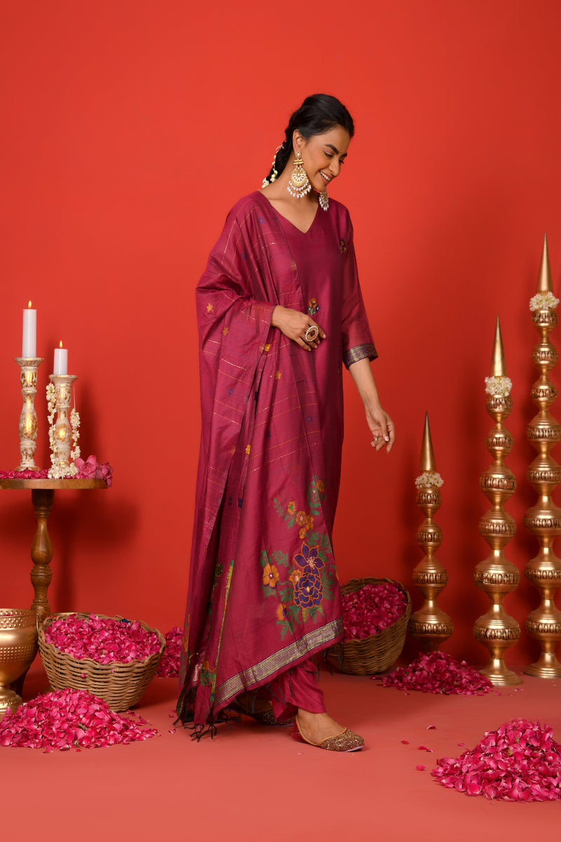 (Vaasva) Women Burgandy golden floral jamdani woven suit set  (Set of 5 Pc)