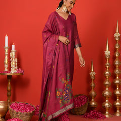 (Vaasva) Women Burgandy golden floral jamdani woven suit set  (Set of 5 Pc)