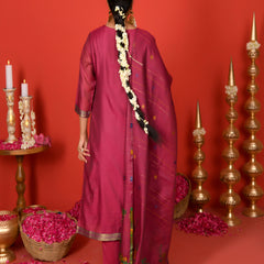 (Vaasva) Women Burgandy golden floral jamdani woven suit set  (Set of 5 Pc)