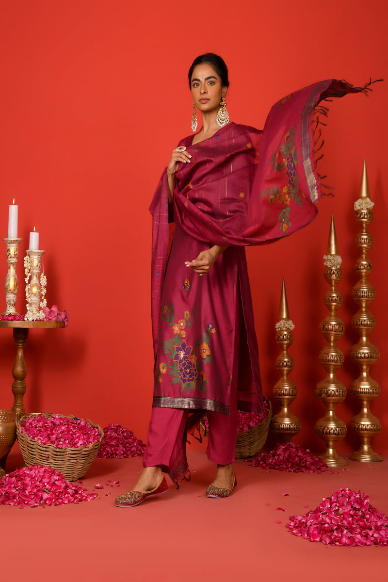 (Vaasva) Women Burgandy golden floral jamdani woven suit set  (Set of 5 Pc)