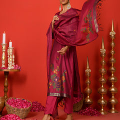 (Vaasva) Women Burgandy golden floral jamdani woven suit set  (Set of 5 Pc)