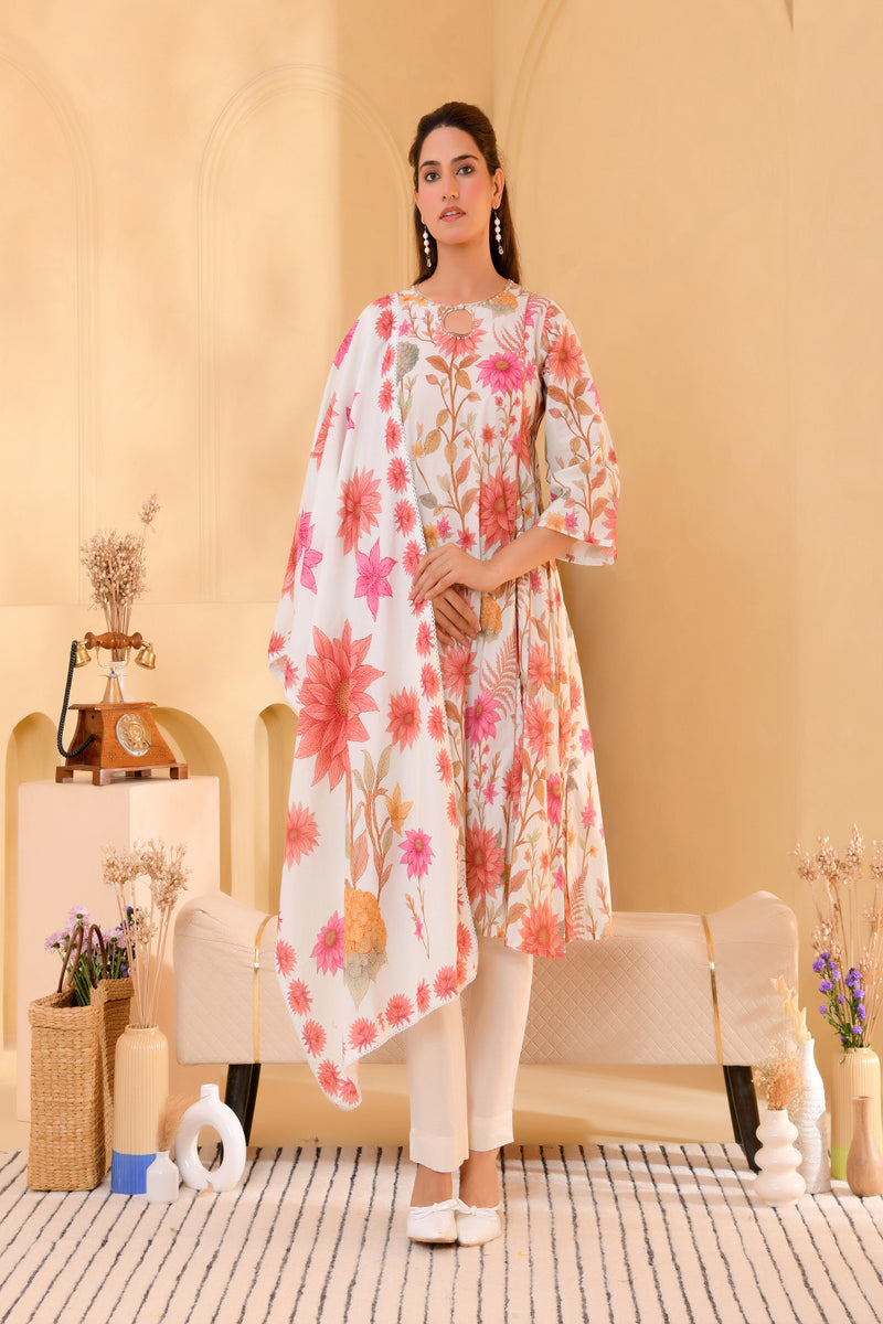 (Vaasva) Women Multi floral aline kali cut cotton suit set  (Set of 5 Pc)