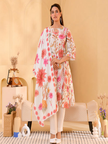 (Vaasva) Women Multi floral aline kali cut cotton suit set  (Set of 5 Pc)