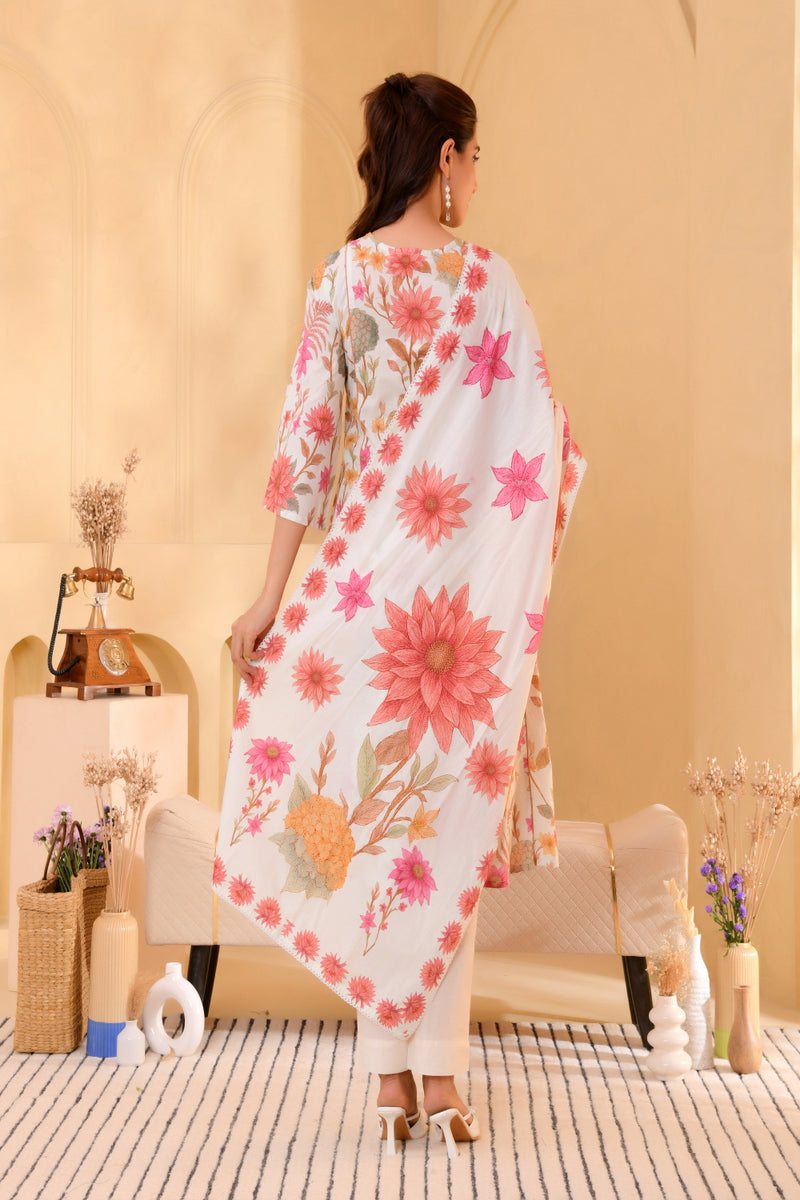 (Vaasva) Women Multi floral aline kali cut cotton suit set  (Set of 5 Pc)