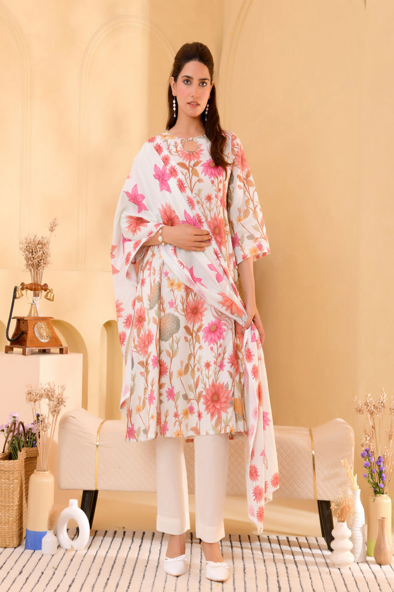 (Vaasva) Women Multi floral aline kali cut cotton suit set  (Set of 5 Pc)