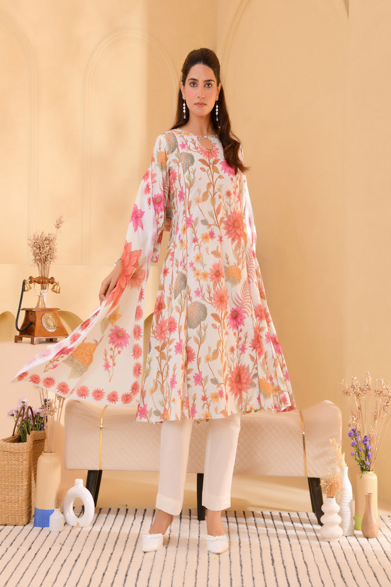 (Vaasva) Women Multi floral aline kali cut cotton suit set  (Set of 5 Pc)