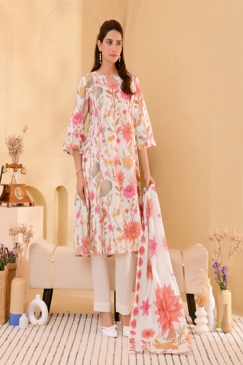 (Vaasva) Women Multi floral aline kali cut cotton suit set  (Set of 5 Pc)