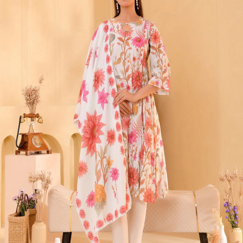 (Vaasva) Women Multi floral aline kali cut cotton suit set  (Set of 5 Pc)