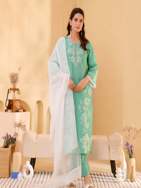 (Vaasva) Women Green floral printed cotton suit set  (Set of 5 Pc)