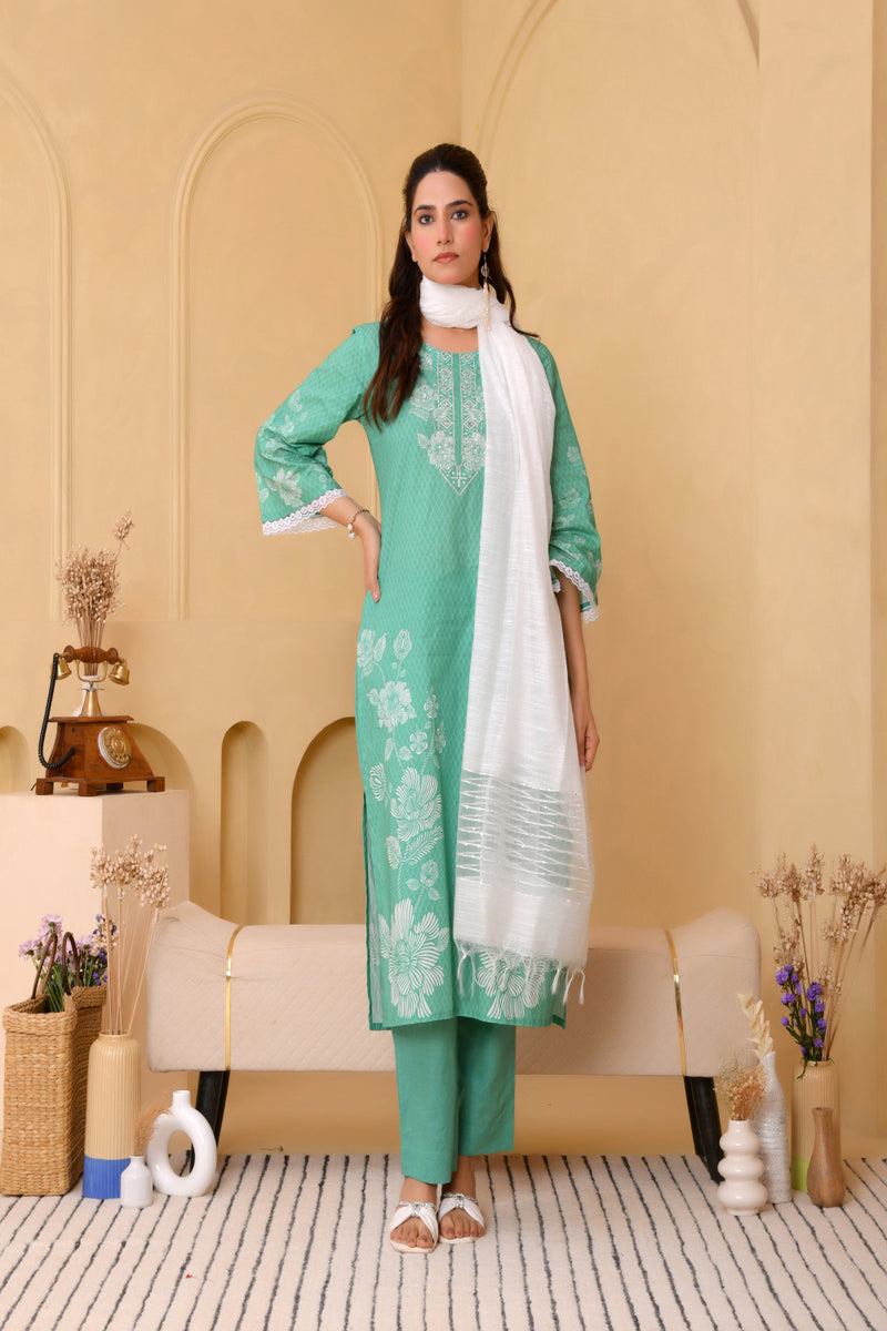 (Vaasva) Women Green floral printed cotton suit set  (Set of 5 Pc)