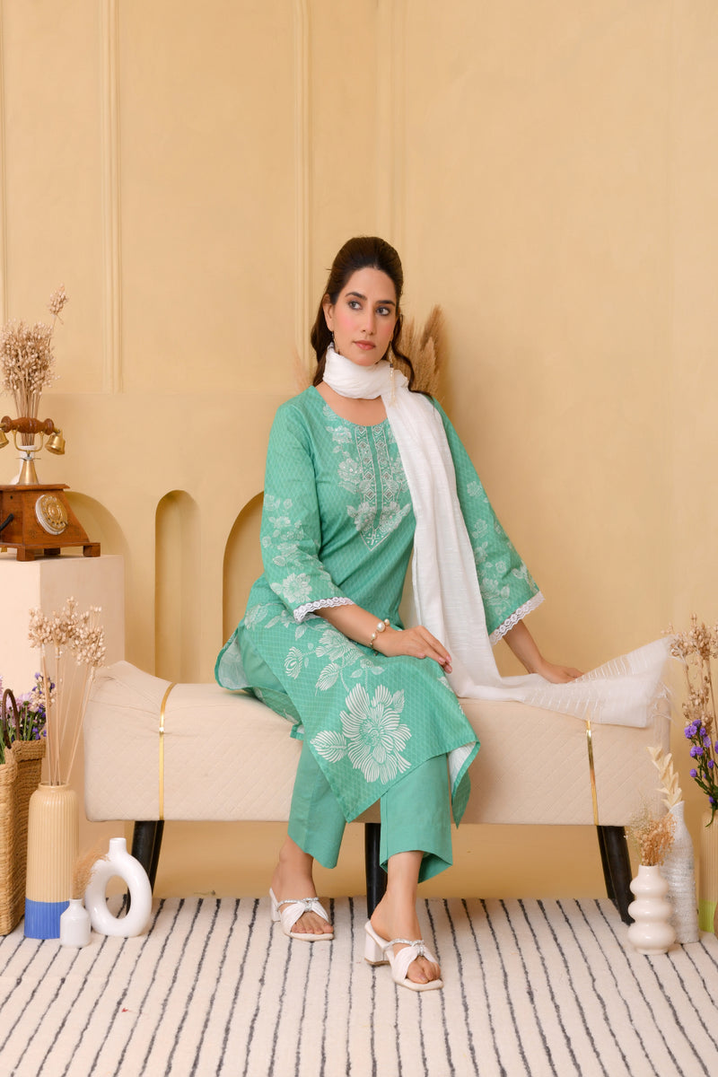 (Vaasva) Women Green floral printed cotton suit set  (Set of 5 Pc)