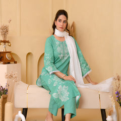 (Vaasva) Women Green floral printed cotton suit set  (Set of 5 Pc)