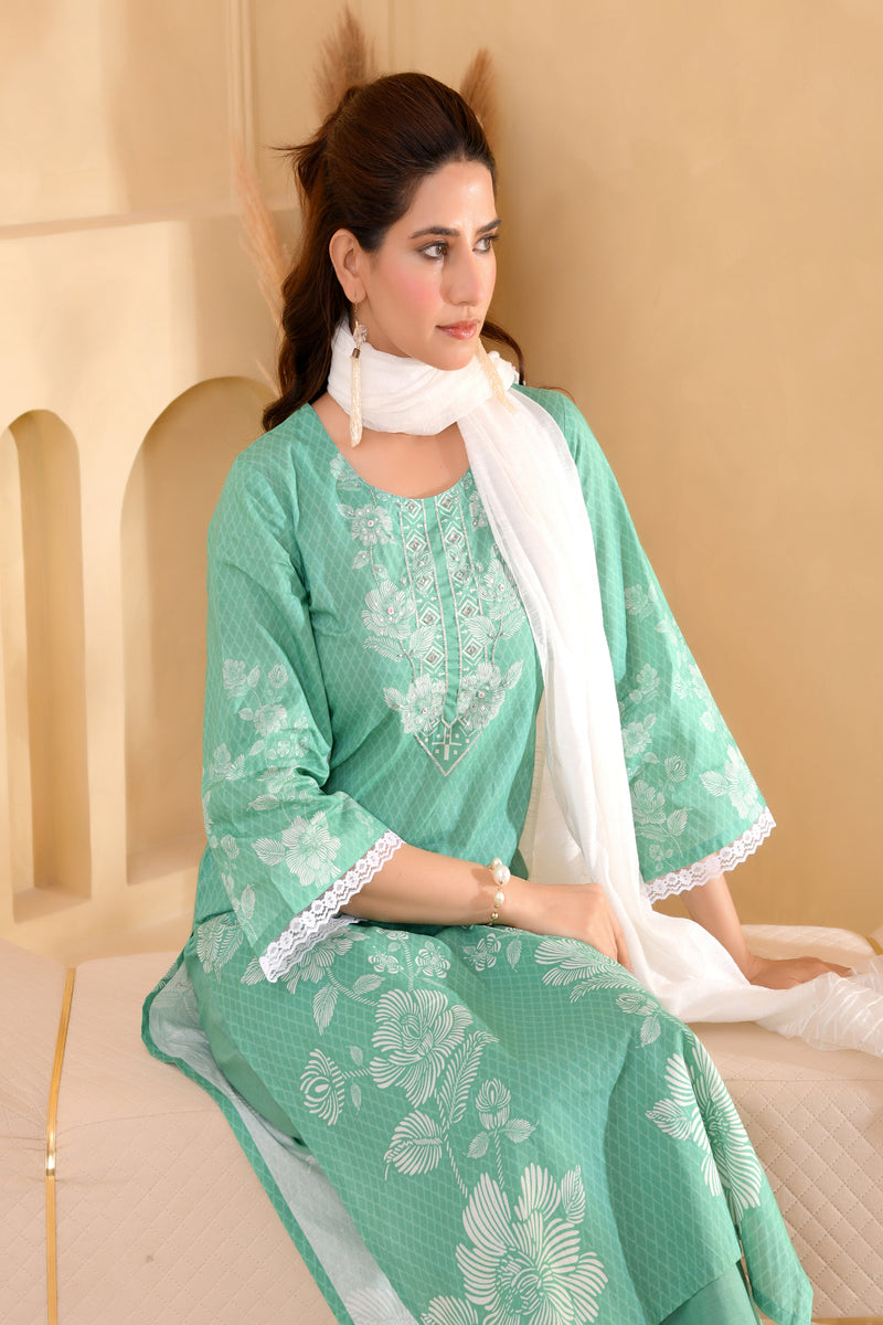 (Vaasva) Women Green floral printed cotton suit set  (Set of 5 Pc)