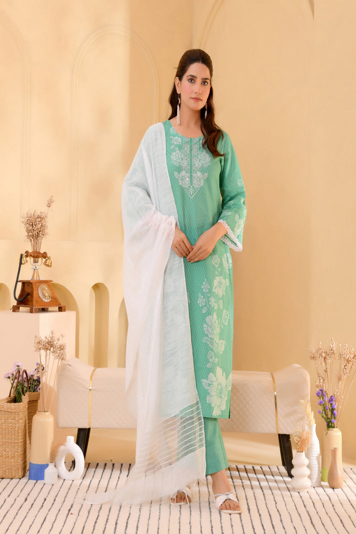 (Vaasva) Women Green floral printed cotton suit set  (Set of 5 Pc)