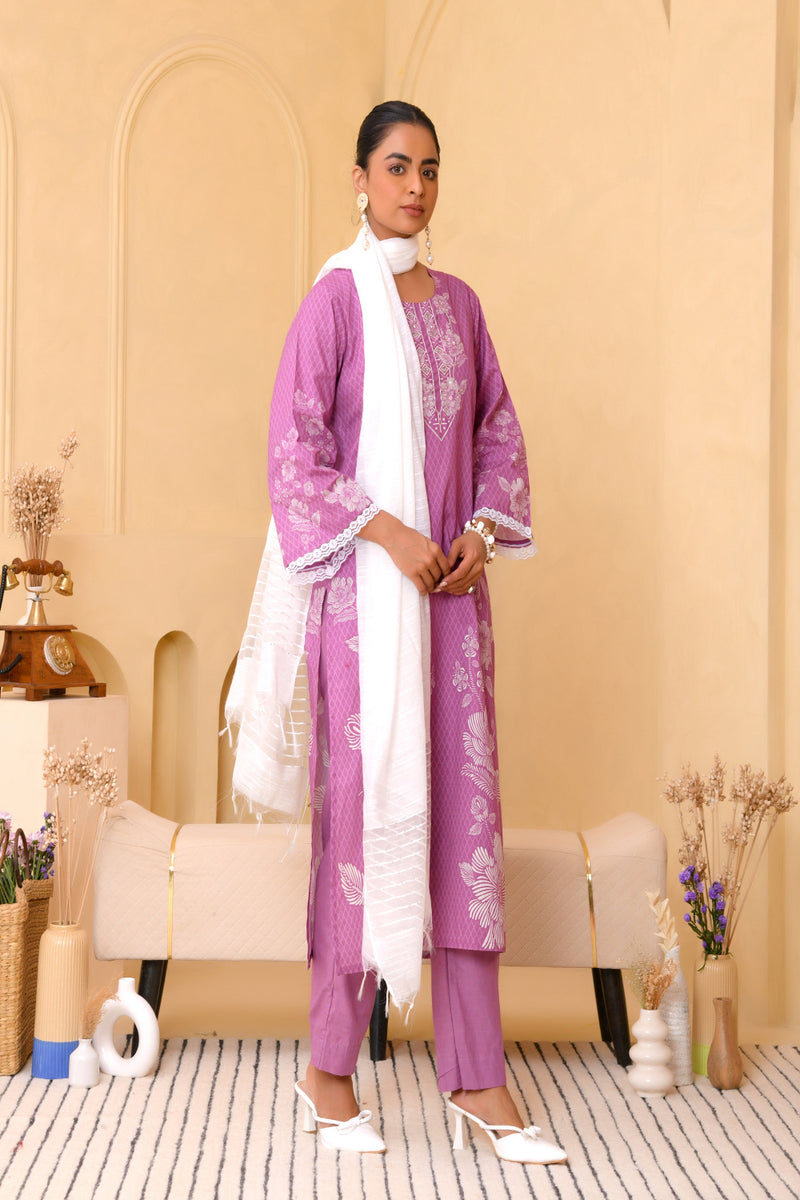 (Vaasva) Women Purple floral printed cotton suit set  (Set of 5 Pc)