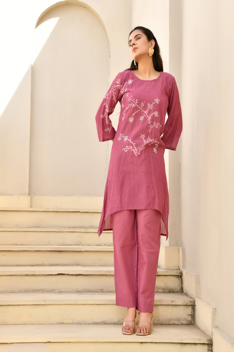 (Vaasva) Women Purple Mulchanderi  bande kurta pant set  (Set of 5 Pc)