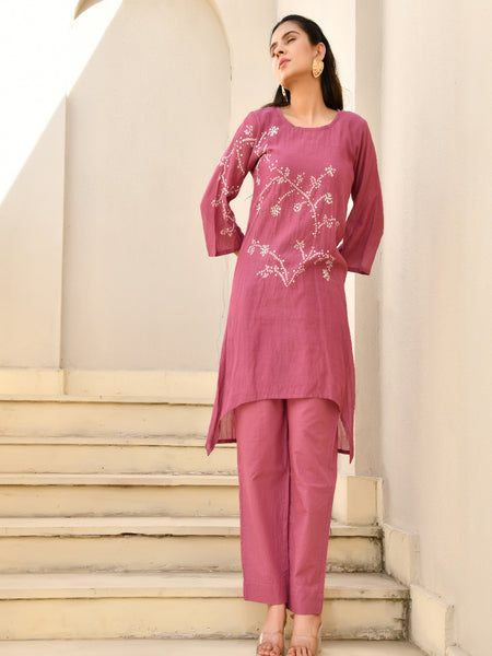 (Vaasva) Women Purple Mulchanderi  bande kurta pant set  (Set of 5 Pc)