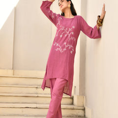 (Vaasva) Women Purple Mulchanderi  bande kurta pant set  (Set of 5 Pc)