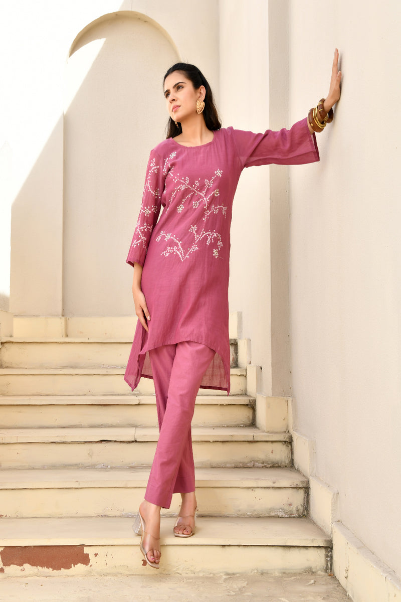 (Vaasva) Women Purple Mulchanderi  bande kurta pant set  (Set of 5 Pc)