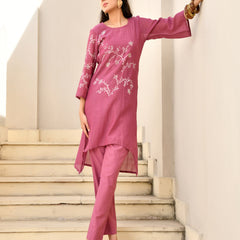 (Vaasva) Women Purple Mulchanderi  bande kurta pant set  (Set of 5 Pc)