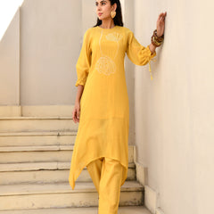 (Vaasva) Women Yellow Mulchanderi floral  bandej kurta pant set  (Set of 5 Pc)