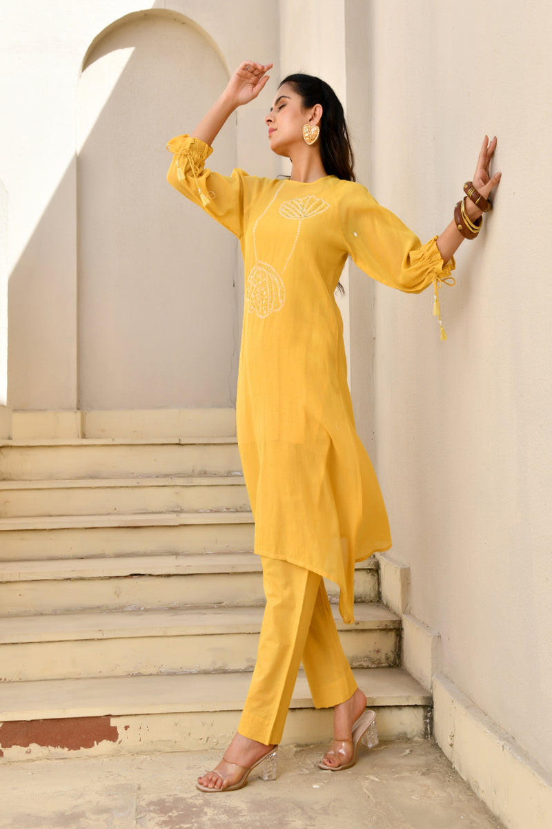 (Vaasva) Women Yellow Mulchanderi floral  bandej kurta pant set  (Set of 5 Pc)