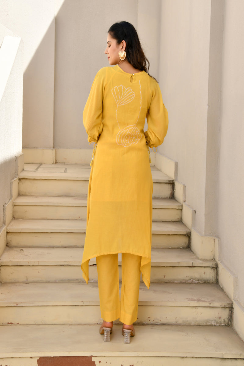 (Vaasva) Women Yellow Mulchanderi floral  bandej kurta pant set  (Set of 5 Pc)