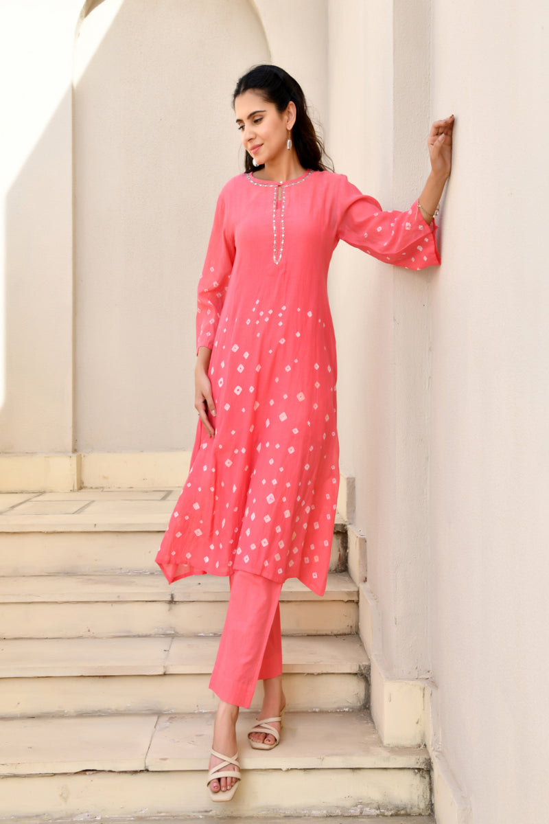 (Vaasva) Women Pink Mulchanderi floral bandej kurta pant set  (Set of 5 Pc)