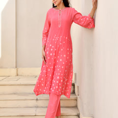 (Vaasva) Women Pink Mulchanderi floral bandej kurta pant set  (Set of 5 Pc)