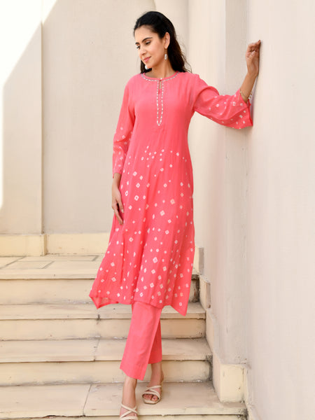 (Vaasva) Women Pink Mulchanderi floral bandej kurta pant set  (Set of 5 Pc)