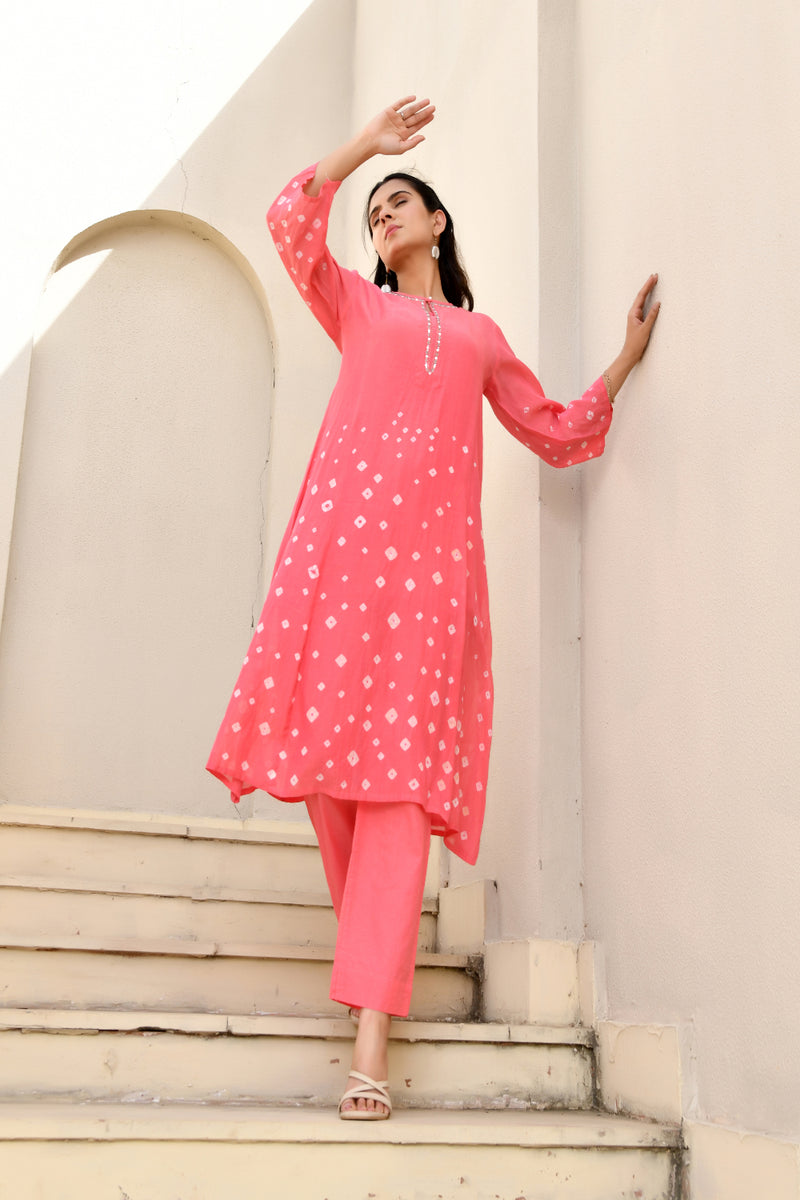 (Vaasva) Women Pink Mulchanderi floral bandej kurta pant set  (Set of 5 Pc)