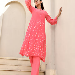 (Vaasva) Women Pink Mulchanderi floral bandej kurta pant set  (Set of 5 Pc)